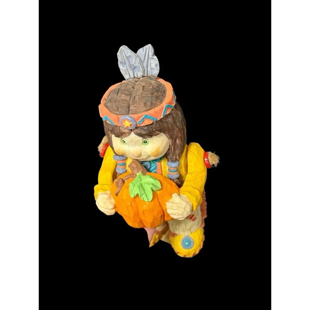 Vtg Native American Girl Thanksgiving Figurine Articulated Arms Wood Look Resin